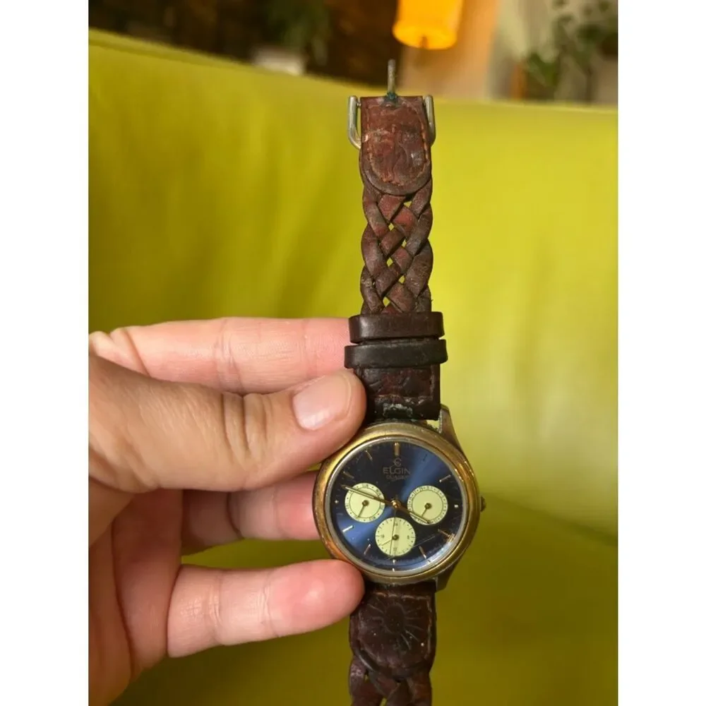 Vintage Elgin Quartz Watch Blue Dial Gold Tone Brown Leather Braided Band